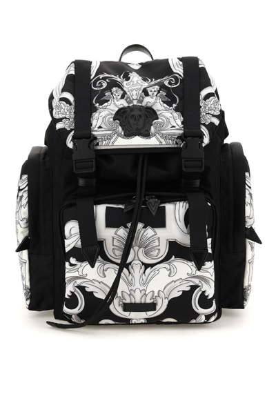 Shop Versace Silver Baroque Print Nylon Medusa Backpack In Black,white