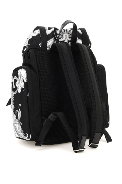 Shop Versace Silver Baroque Print Nylon Medusa Backpack In Black,white
