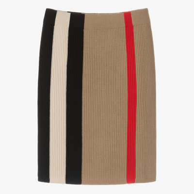 Shop Burberry Girls Beige Icon Stripe Wool Skirt