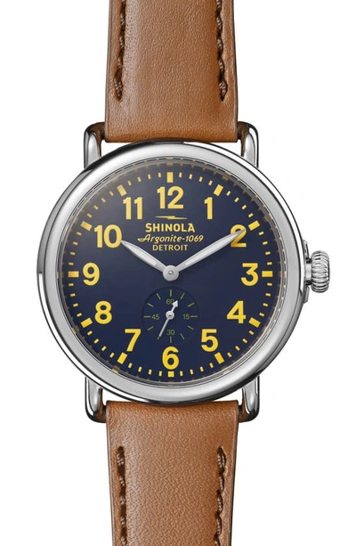 Shop Shinola 'the Runwell' Leather Strap Watch, 41mm In Tan/ Collegiate Blue/ Silver