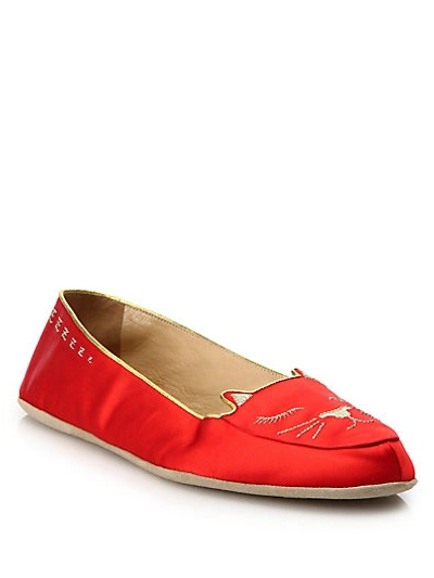 Shop Charlotte Olympia Cat Nap Satin Slipper Set In Red