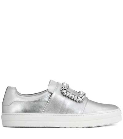 Shop Roger Vivier Sneaky Viv Embellished Metallic Leather Sneakers