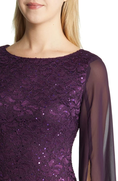 Shop Connected Apparel Cape Long Sleeve Lace Cocktail Dress In Aubergine