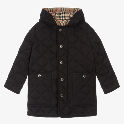 Shop Burberry Black Hooded Quilted Coat