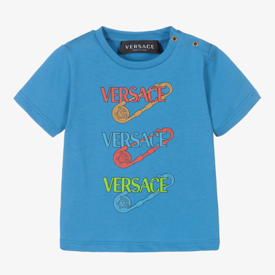 Shop Versace Boys Blue Cotton Logo T-shirt