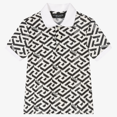 Shop Versace Boys Greca Signature Polo Shirt In White