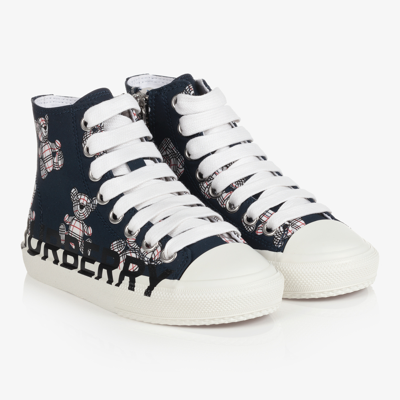 Shop Burberry Navy Blue Logo Trainers