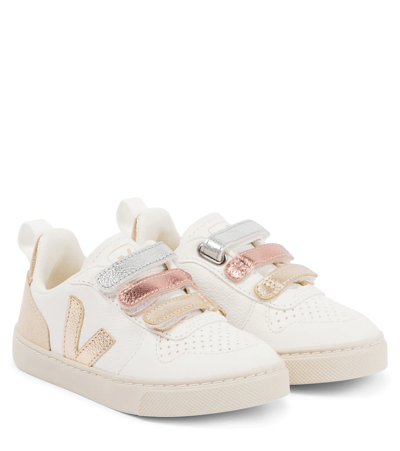 Shop Veja V-10 Leather And Suede Sneakers In Multico Extra White Shiny