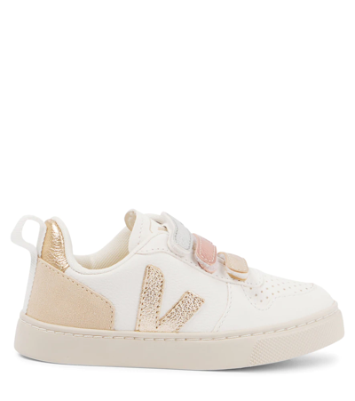 Shop Veja V-10 Leather And Suede Sneakers In Multico Extra White Shiny