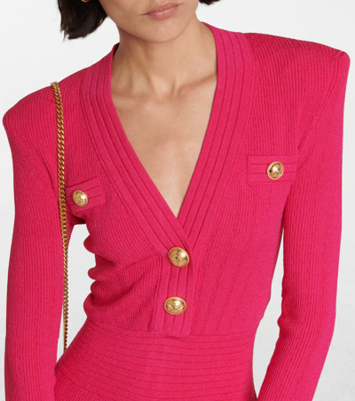 Shop Balmain Ribbed-knit Minidress In 4am Rose Fuchsia