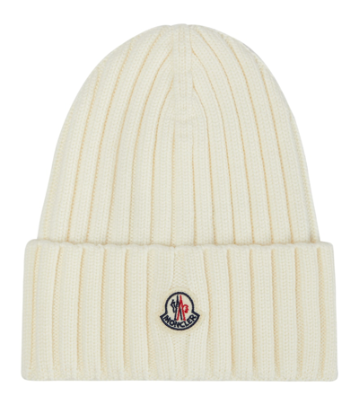 Shop Moncler Ribbed-knit Virgin Wool Beanie In White