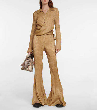 Acne Studios Teba Crinkled Wrap-over Silk Top In Caramel Brown