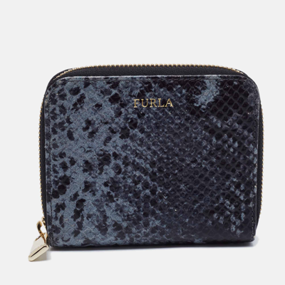 Pre-owned Furla Black/grey Python Effect Leather Zip Around Wallet