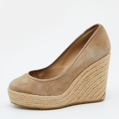 Pre-owned Jimmy Choo Beige Suede Wedge Platform Pumps Size 38.5