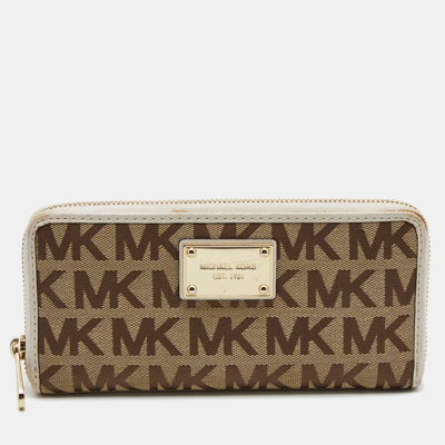 Pre-owned Michael Kors Beige/white Signature Canvas And Leather Zip Around Wallet