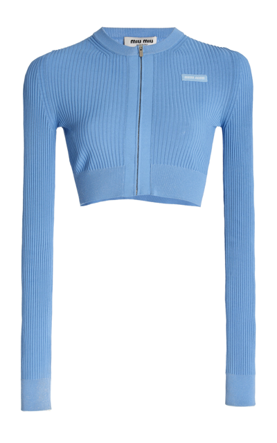 Shop Miu Miu Ribbed-knit Cropped Cardigan In Blue