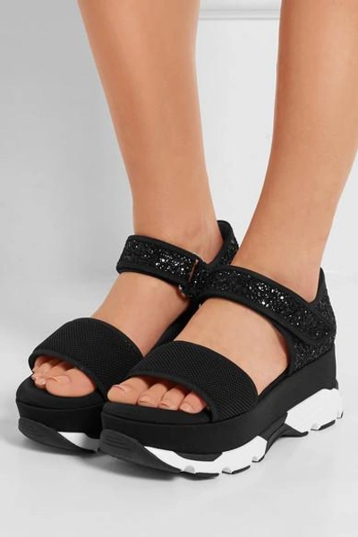 Shop Marni Mesh And Glittered Twill  Platform Sandals