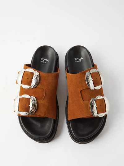 Metal-buckle Suede Two-strap Sandals In Brown