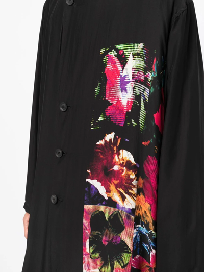 Shop Yohji Yamamoto Floral-print Silk Coat In Black