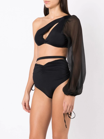 Shop Amir Slama One-shoulder Long-sleeve Bikini Set In Black