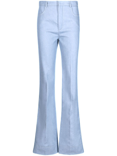 Saint Laurent Contrast-stitch Pressed-crease Flared-leg High-rise Cotton Trousers In Blau