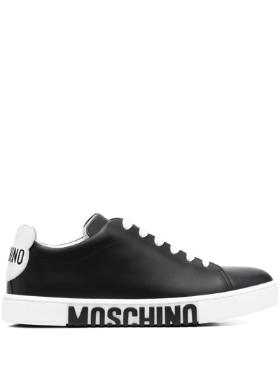 Shop Moschino Lace-up Leather Sneakers In Black