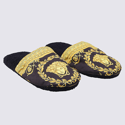 Shop Versace Black Cotton Flip Flops In Black-gold