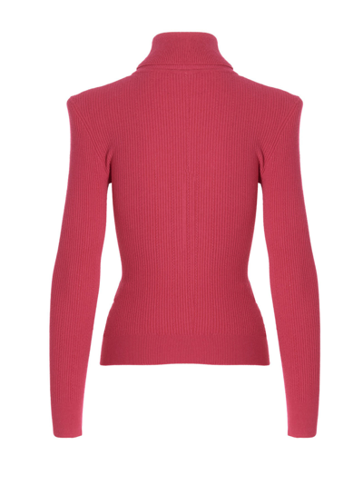 Shop Balmain Logo Button Ribbed Turtleneck Sweater In Fuchsia