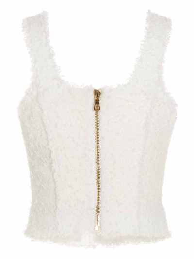 Shop Balmain Tweed Bustier Top In White