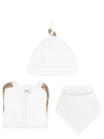 Shop Burberry Jumpsuit, Cap And Bib Baby Set In White