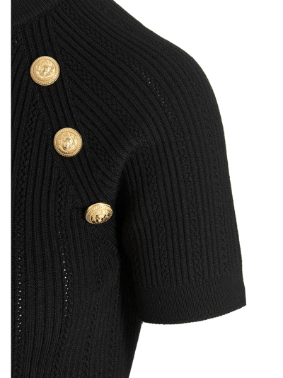 Shop Balmain Logo Button Openwork Sweater In Black