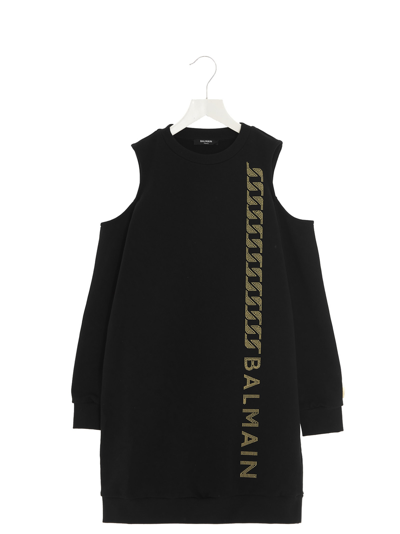 Shop Balmain Cut Out Logo Dress In Black