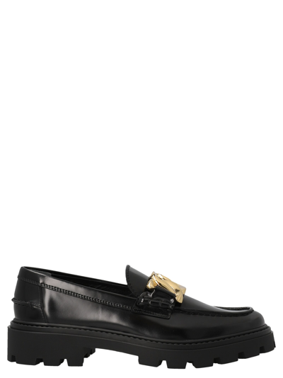 Shop Tod's Chain Leather Loafers In Black