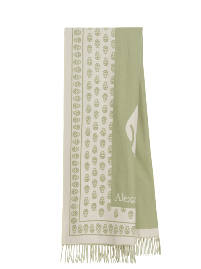 Alexander Mcqueen Skull-print Branded Wool Scarf In Green