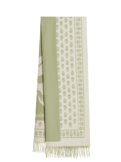 Alexander Mcqueen Skull-print Branded Wool Scarf In Green