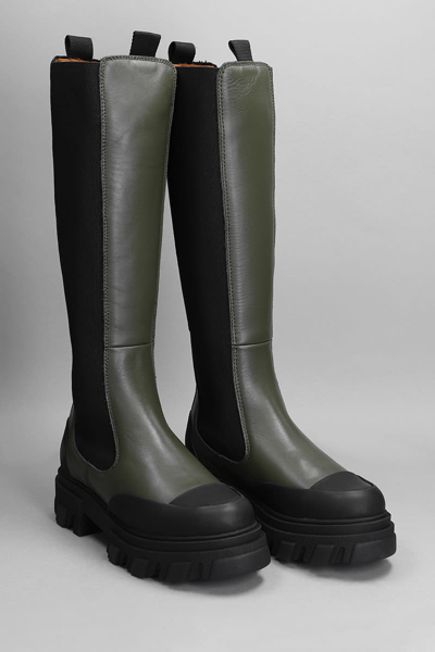 Shop Ganni Low Heels Boots In Green Leather