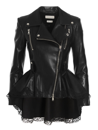 Shop Alexander Mcqueen Lace Leather Jacket In Black