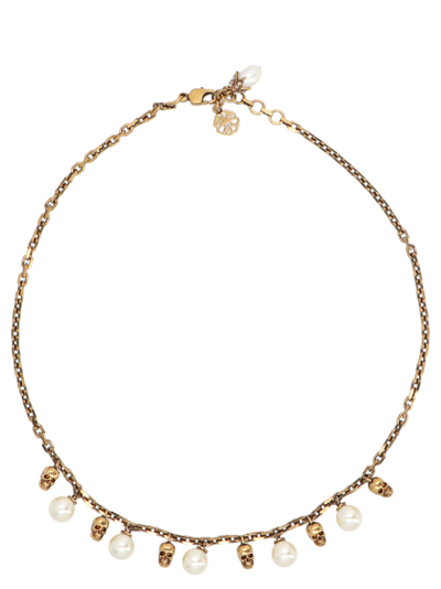 Shop Alexander Mcqueen Pearl & Skull Necklace In Gold