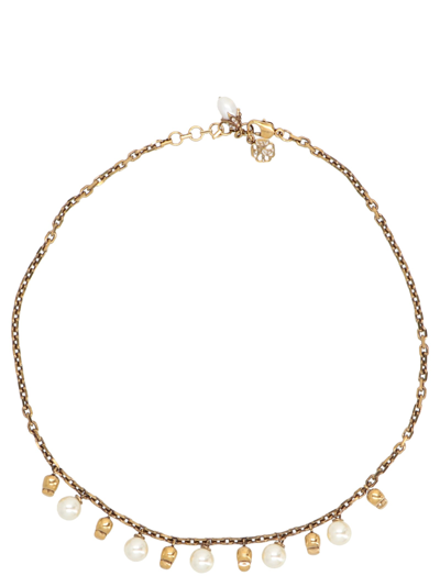 Shop Alexander Mcqueen Pearl & Skull Necklace In Gold