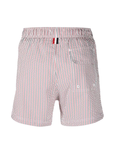Shop Thom Browne Seersucker Logo-patch Swim Shorts In Red