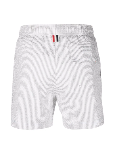 Shop Thom Browne Seersucker Logo-patch Swim Shorts In Grey