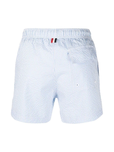Shop Thom Browne Seersucker Logo-patch Swim Shorts In Blue