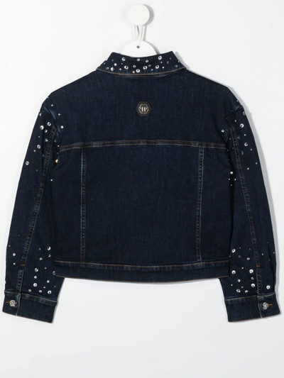 Shop Philipp Plein Junior Crystal-embellished Four-pocket Denim Jacket In Blue