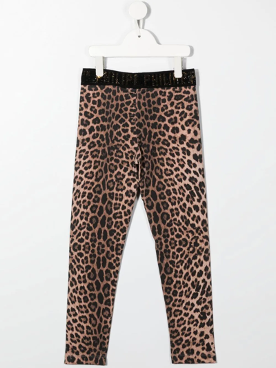 Philipp Plein Junior Leopard-print Rhinestone-logo Trousers In Brown