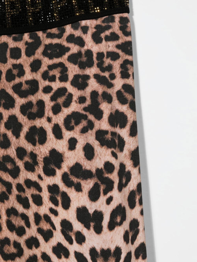 Philipp Plein Junior Leopard-print Rhinestone-logo Trousers In Brown