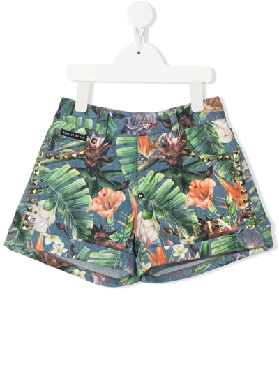 Philipp Plein Junior Floral-print Studded Shorts In Blue