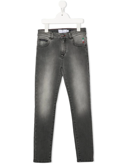 Shop Philipp Plein Junior Hexagon Mid-rise Slim-cut Jeans In Grey
