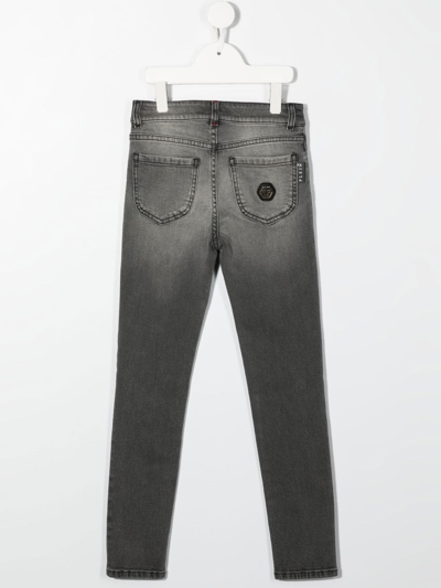 Shop Philipp Plein Junior Hexagon Mid-rise Slim-cut Jeans In Grey