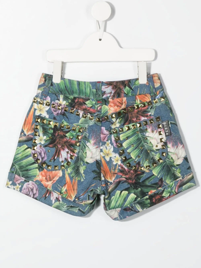 Philipp Plein Junior Floral-print Studded Shorts In Blue