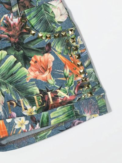 Philipp Plein Junior Floral-print Studded Shorts In Blue